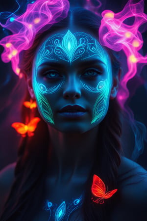 a mystical woman with a glowing face, adorned with bioluminescent patterns. The atmosphere is surreal and filled with wonder.