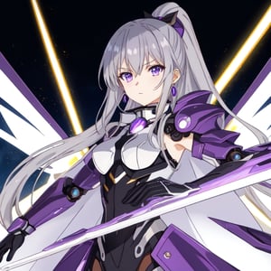 anime, Detailed,high definition, 8k, humanoid, hd,incredible detail, masterpiece, mature woman, silver hair, long_ponytail, light purple eyes, purple earrings, black fantasy battlesuit, mecha wings, translucent purple cape, golden laser greatsword, determined, goddess,tohka yatogami,kiana kaslana, mature female