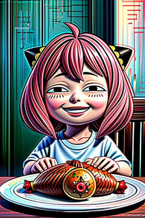 (Masterpiece, 8k, RAW, ultra_realistic),  Anya, (right hand holding a large turkey drumstick), big grin.  (roast turkey with a missing turkey leg on table), Home dining room scene, pink hair, 8yo, funny, cute, sweet, 

Anya,perfect girl,pose,girl,loli,beautiful,kid,Pink hair, younger_female

IncrsAnyasHehFaceMeme,grin,smug,masterpiece