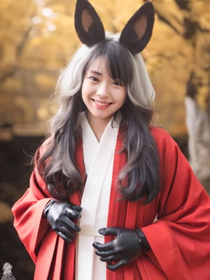 masterpiece, best quality, 1girl, White hair, red eyes, fox ears, long hair, red kimono, black coat, black gloves, otoko no ko, Smile,