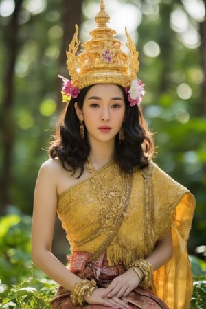 A serene and captivating portrait of a Korean girl. The subject sits elegantly amidst a lush forest, adorned in a golden traditional Thai dress, her curly brown locks framing her radiant face. Her smile, though closed-mouthed, still conveys warmth as subtle dimples appear on her cheeks. Delicate flowers adorn her hair, adding a touch of whimsy to the composition. The warm sunlight filters through the trees, casting gentle rays that illuminate her features and the intricate details of her dress, Korean Woman