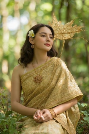 A serene and captivating portrait of a Korean girl. The subject sits elegantly amidst a lush forest, adorned in a golden traditional Thai dress, her curly brown locks framing her radiant face. Her smile, though closed-mouthed, still conveys warmth as subtle dimples appear on her cheeks. Delicate flowers adorn her hair, adding a touch of whimsy to the composition. The warm sunlight filters through the trees, casting gentle rays that illuminate her features and the intricate details of her dress, Korean Woman