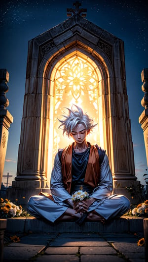 masterpiece, high quality, detailed lighting,  son goku is in a Muslim cemetery, he is closing his eyes, making a prayer gesture, bring flower, son goku, muslim clothes, white hair, sitting cross-legged in front of a Muslim grave topped with flowers, a Muslim burial area