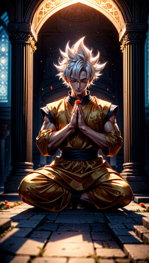 masterpiece, high quality, detailed lighting,  son goku is in a Muslim cemetery, he is closing his eyes, making a prayer gesture, bring flower, son goku, muslim clothes, white hair