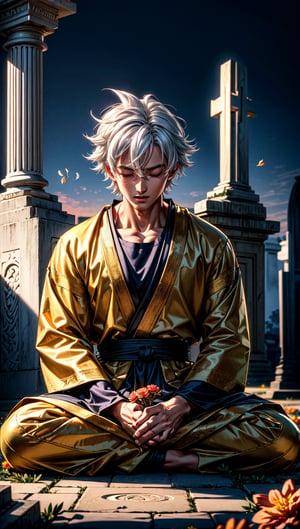 masterpiece, high quality, detailed lighting,  son goku is in a Muslim cemetery, he is closing his eyes, making a prayer gesture, bring flower, son goku, muslim clothes, white hair, sitting cross-legged in front of a grave topped with flowers