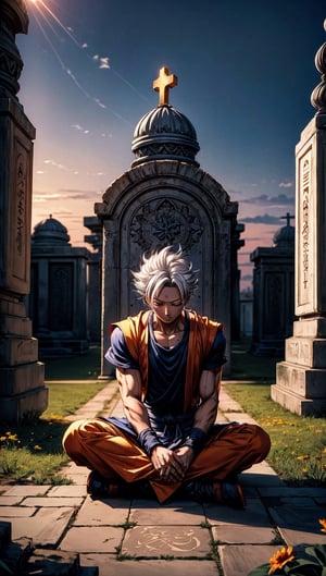 masterpiece, high quality, detailed lighting,  son goku is in a Muslim cemetery, he is closing his eyes, making a prayer gesture, bring flower, son goku, muslim clothes, white hair, sitting cross-legged in front of the graves of Whitebeard and Portgas D Ace