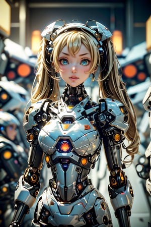 ((high resolution)), ((UHD)), ((incredibly absurdres)), break. ((One android girl)), break. ((blonde twintail hair:1.5)), ((upper body:1.5)), ((looking at camera:1.2)), break. ((in the cyberstyle city)), big bright eyes and long eyelashes, ((slender boby)), ((intricate internal structure)), ((brighten parts:1.5)), break. ((extremely detailed mecha suit:1.2)), break. (robotic arms), (robotic legs), (robotic hands), ((robotic joint:1.3)), break. Cinematic angle, ((looking to the viewer:1.9)), big laughter face, ultra fine quality, masterpiece, best quality, incredibly absurdres, fhighly detailed, sharp focus, (photon mapping, radiosity, physically-based rendering, automatic white balance), masterpiece, best quality, Mecha body, furure_urban, incredibly absurdres