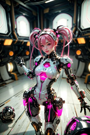 ((high resolution)), ((UHD)), ((incredibly absurdres)), break. ((One android girl)), break. ((pink twintail hair:1.5)), ((upper body:1.5)), ((looking at camera:1.2)), break. ((in the cyberstyle city)), ((slender boby)), ((intricate internal structure)), open arms, ((brighten parts:1.5)), break. ((extremely detailed mecha suit:1.2)), break. (robotic arms), (robotic legs), (robotic hands), ((robotic joint:1.3)), break. Cinematic angle, looking at viewer, smiling face, ultra fine quality, masterpiece, best quality, incredibly absurdres, fhighly detailed, sharp focus, (photon mapping, radiosity, physically-based rendering, automatic white balance), masterpiece, best quality, Mecha body, furure_urban, incredibly absurdres