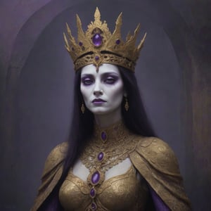 a painting of The underworld empress wearing ornate dress and bone crown, dark gold purple colors, by Zdzisław Beksiński