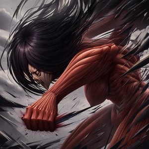 mikasa female titan, dramatic, detailed, punch, by WIT studio