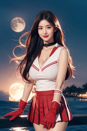 1girl, big breasts,revealing cleavage,solo, long hair, looking at viewer, smile, skirt, black hair, gloves, pleated skirt, outdoors, elbow gloves, white gloves, sailor collar, black eyes, night, red skirt, moon, full moon, realistic, sailor senshi uniform, red sailor collar, sailor mars
