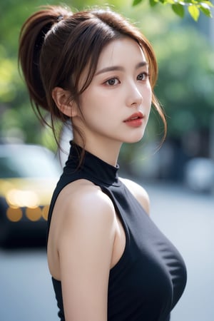 1girl, solo, breasts, looking at viewer, brown hair, dress, bare shoulders, brown eyes, upper body, ponytail, outdoors, parted lips, sleeveless, blurry, from side, lips, depth of field, blurry background, realistic, nose, bokeh