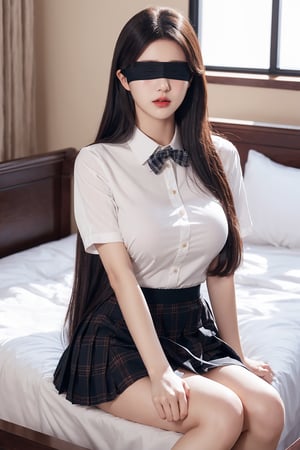 1girl,big breasts, solo, long hair, skirt, shirt, black hair, ribbon, sitting, school uniform, short sleeves, indoors, lips, black skirt, plaid, bed, plaid skirt, facing viewer, ((blindfold)), covered eyes