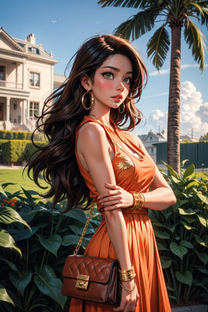 Captured at eye-level, a medium-sized Asian woman with long brown hair stands in a vibrant ((orange sleeveless dress)), adorned with a brown leather purse. She is adorned with ((gold bracelets and earrings)), adding a touch of charm to her outfit. The backdrop, a lush garden of green grass, is flanked by a variety of tropical plants, including palm trees and palm fronds. The sky is a muted blue, with a few wispy white clouds, a hint of a blue sky, and a white house can be seen in the background.