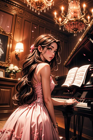 a woman in a pink sleeveless dress stands in front of a black grand piano. The woman's dress is adorned with a deep pink hue, adding a touch of vibrant to the scene. The piano is set against a backdrop of a maroon wall with a white chain link design. The floor beneath the piano is made up of light brown wood planks, creating a striking contrast with the dark piano. Above the piano, a circular chandelier hangs from the ceiling, adding depth to the composition.