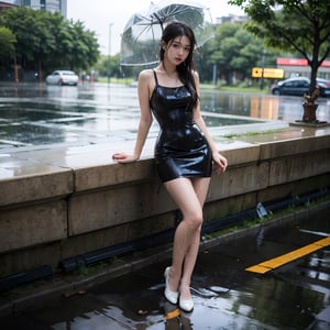 Young_american_women, ((wet_clothing)), (wearing red bodycon dress) hourglass_figure, sexy, seductive_pose, sultry, full_body, standing in the rain park, perfect lighting, sitting_down, soaked, wet_clothes