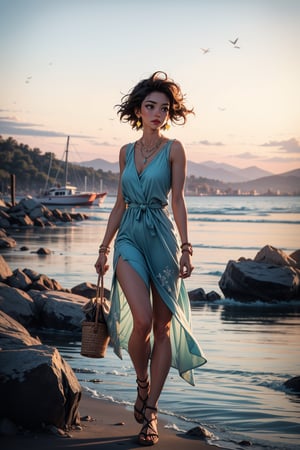 a woman stands in front of a white boat on a rocky beach. The woman is wearing a green sleeveless dress, adorned with a necklace and earrings. She is holding a straw bag in her left hand and a stick in her right hand. Her left hand is raised in the air, adding a touch of balance to her body. The boat is adorned with white beads, a black box, and a white bucket. The backdrop of the scene is a serene sea, with a mountain range in the distance. The sky is a muted blue, with the sun setting on the horizon.