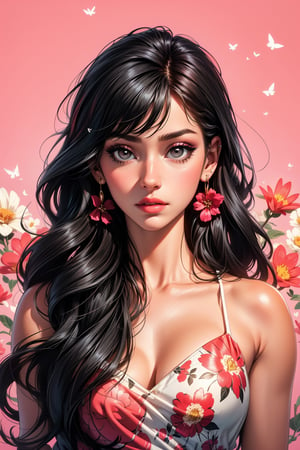 1girl, solo, long hair, looking at viewer, bangs, black hair, jewelry, closed mouth, upper body, flower, earrings, black eyes, lips, makeup, floral print, pink background, plant, red flower, realistic