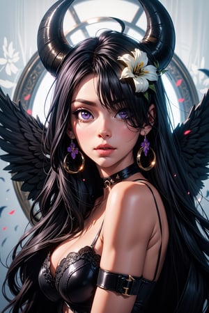 1girl, solo, long hair, looking at viewer, black hair, jewelry, purple eyes, upper body, flower, earrings, wings, horns, choker, hair over one eye, mask, black choker, halo, piercing, white flower, crescent, veil, black wings, one eye covered, mouth mask, mouth veil