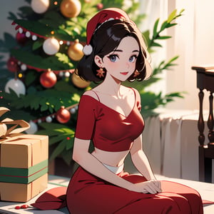 (best quality, masterpiece), 1girl, looking at viewer, blurry background, 1 girl,Santa dress,Christmas scene,

(8k quality), (Best quality), (Ultra HD), (Perfect character anatomy), (perfect lighting), (8k full body photo), (Perfect details), (Perfect character details), (Details of the perfect setting), (Masterpiece), (Symmetry of the perfect character's face),(Construction of the body of the delicate woman character), ((full body shot)), Beautiful Mrs. Claus, Wearing Beautiful ((Sexy red crop top and mini skirt Dress)), hourglass figure, sexy pose, seductive, Sitting Near Christmas tree and candy table,