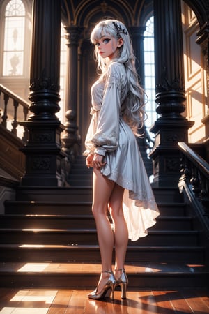 1girl, solo, long hair, looking at viewer, bangs, blue eyes, hair ornament, long sleeves, dress, very long hair, closed mouth, standing, full body, white hair, indoors, white dress, from side, wavy hair, hand on own chest, stairs, pillar