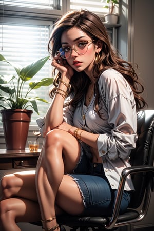 1girl, solo, long hair, brown hair, jewelry, sitting, bracelet, lips, sunglasses, crossed legs, plant, realistic, blinds