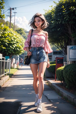 a woman stands on a gray tiled walkway in front of a backdrop of lush green bushes and trees. She is wearing a ((pink short-sleeved blouse with ruffles on the shoulders)), a light ((blue denim skirt with a slit on the side)), and white slip-on shoes. Her left hand is holding a white purse, and her right hand is draped over her left shoulder. The woman's hair is dark brown, and she is smiling. The sky is blue, with a few white clouds scattered across it. To the right of the woman, there is a gray metal structure.