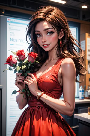 1girl, solo, long hair, smile, brown hair, dress, holding, jewelry, open eyes, upper body, flower, sleeveless, bracelet, rose, ring, red flower, watch, red rose, wristwatch