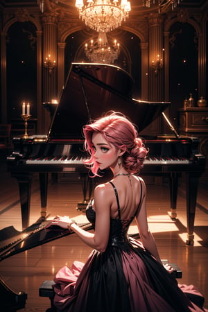 a woman in a pink sleeveless dress stands in front of a black grand piano. The woman's dress is adorned with a deep pink hue, adding a touch of vibrant to the scene. The piano is set against a backdrop of a maroon wall with a white chain link design. The floor beneath the piano is made up of light brown wood planks, creating a striking contrast with the dark piano. Above the piano, a circular chandelier hangs from the ceiling, adding depth to the composition.