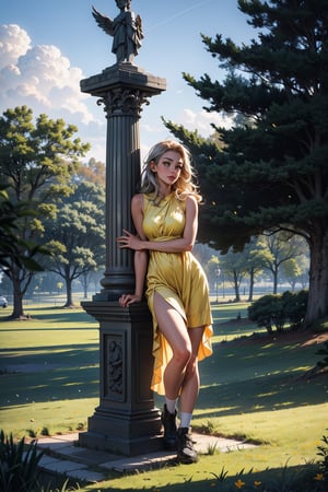 a woman in a ((yellow sleeveless dress)) stands in a lush green grass field. The woman is facing the left side of the frame, her right hand resting on her hip. She is facing to the left, her left hand is resting on a concrete pillar. The pillar is a light gray color, and the statue of the woman is positioned on top of it. His left arm is bent at the top of the pillar. In the background, a row of trees are visible, their shadows cast on the grass. The sky is visible in the top right corner of the image, 