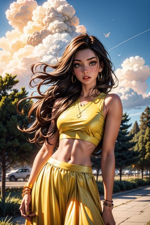 1girl, solo, long hair, skirt, brown hair, black hair, jewelry, outdoors, sky, midriff, cloud, necklace, bracelet, tree, ((yellow crop top)), scenery, realistic, ((yellow skirt))