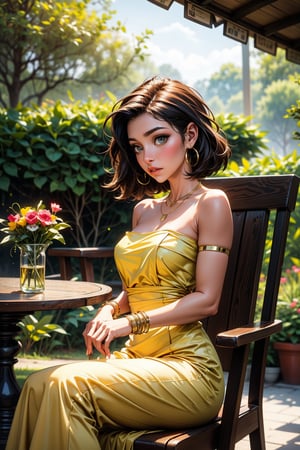 a woman is seated on a wicker chair, adorned with a ((yellow strapless dress)). She is adorned with gold bracelets, a necklace, and earrings. Her hair is styled in a sleek bob, adding a touch of shine to the scene. The woman's dress is adorned in a vibrant yellow hue, accenting her mid-section. A white handbag is placed on the armrest of the chair, with a red and yellow tag hanging from it. The backdrop is a verdant garden, with lush green trees and a white canopy. To the right of the woman, a white tablecloth is draped over the chair.