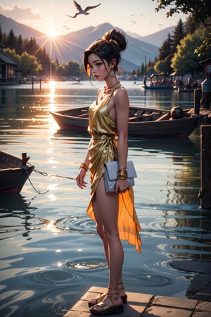 a medium-sized woman stands on a concrete platform, facing a body of water. She is dressed in a yellow sleeveless dress, adorned with a gold necklace and earrings. Her hair is pulled back in a bun, adding a pop of color to the scene. The woman is holding a purse in her left hand, while her right hand rests on her right wrist. Her left wrist is adorned with two silver bracelets. Her right wrist is wrapped around her left wrist. The backdrop is a serene lake, with a few small boats floating on the water's surface. The sky is a light blue, with the sun setting in the distance. A mountain range can be seen in the background.