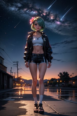 1girl, solo, looking at viewer, smile, short hair, blue eyes, shirt, hair ornament, long sleeves, navel, jewelry, closed mouth, standing, jacket, full body, white shirt, flower, earrings, outdoors, green hair, sky, shorts, choker, socks, midriff, virtual youtuber, hair flower, hair over one eye, crop top, night, black choker, arms behind back, black shorts, sandals, white jacket, black socks, building, star \(sky\), night sky, starry sky, shooting star