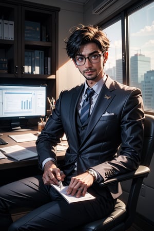 A wide shot business manv looking at the camera wearing a suit sitting in a luxury office.