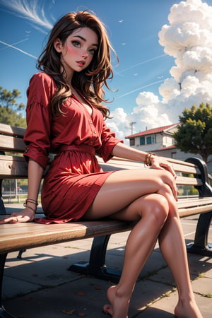 1girl, solo, brown hair, dress, sitting, outdoors, sky, barefoot, day, sexy red dress, bench