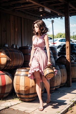 a woman in a pink sleeveless dress stands in front of a large wooden barrel. The woman's dress is adorned with ruffles at the bottom, adding a pop of color to the scene. The barrel is a light brown, with a black stripe running down the center of the barrel. Behind the woman, a row of wooden barrels are stacked up against a gray wall. The barrels are arranged in a semi-circle pattern, with wooden tables and benches in the background.