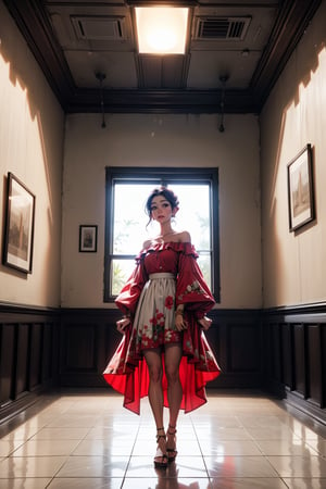 a woman stands in a ((red off-the-shoulder dress)), adorned with a white bracelet and white sandals. She stands on a black and white tiled floor, with a black railing in the background. The woman's right hand is on the railing, while her left hand is resting on the wall. The wall behind her is painted a light beige, and the ceiling is adorned with white ceiling tiles. To the right of the woman is a white wall with a watermark in the top right corner.