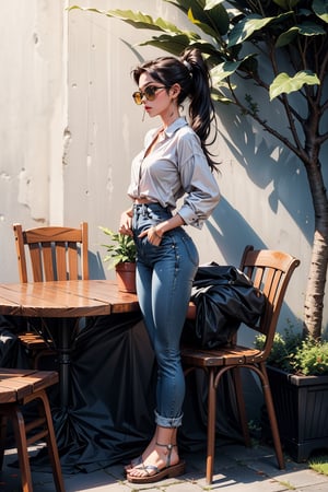 a woman with long dark hair, wearing a white blouse and blue jeans, is seated on a wooden chair. She is wearing black sunglasses, her hair is pulled back in a ponytail, and her left hand is resting on her hip. The woman's left leg is crossed over her right leg, and she is wearing a pair of black and white sandals. To the right of her is a small round table with a blue and white handbag on it. The table is set against a backdrop of a white wall, and a large black planter with a small tree growing out of it. Two chairs can be seen in the background.