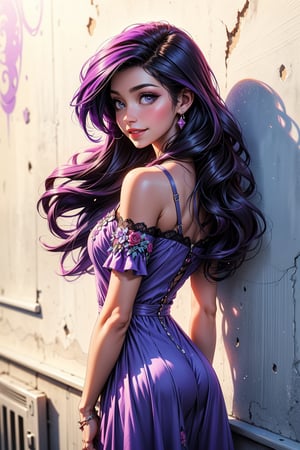 a woman is standing in front of a white wall. She is smiling, her hair cascades over her shoulders, and she is dressed in a ((short, purple dress)). The dress is adorned with a vibrant purple hue, adorned with pink swirls. The woman's shadow is cast on the wall behind her, adding a pop of color to the scene.