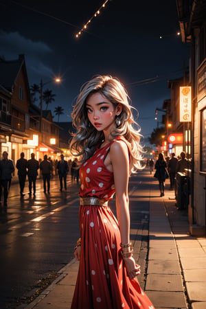 Captured at night, a medium-sized Asian woman stands in a vibrant red sleeveless dress, adorned with white polka dots. Her long, wavy brown hair is cascading down her shoulders, adding a touch of warmth to the scene. She is adorned with silver bracelets, a silver bracelet, and a silver watch. The backdrop, a sandy beach, is lit up with street lights, creating a stark contrast against the dark sky.