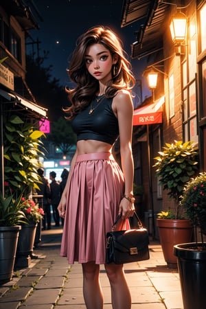 1girl, solo, long hair, skirt, brown hair, standing, outdoors, midriff, bag, tree, crop top, night, plant, pink skirt, long skirt, handbag, potted plant