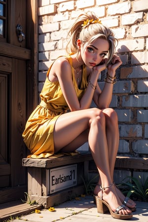 Captured from a high-angle perspective on a sunny day, a woman in a ((sleeveless yellow dress)) is stunning against a white brick wall. Her blonde hair is pulled back in a ponytail, adorned with a yellow flower in her hair. She is wearing a silver necklace, bracelet, and white sandals. Her left hand is resting on her hip, while her right hand rests on the side of the wall. The woman's left leg is slightly bent at the bottom of the frame, and her left foot is slightly spread apart. A bottle of beer is on the ground in front of her, and a blue pot with a plant in it is to the left of the woman. To the right of her is a brown door with a white number "15" on it.