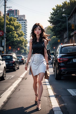 1girl, solo, long hair, skirt, shirt, black hair, jewelry, standing, outdoors, shoes, sleeveless, bag, high heels, bracelet, tree, black shirt, white skirt, walking, watch, handbag, wristwatch, road, photo background