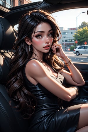 1girl, solo, long hair, looking at viewer, black hair, dress, brown eyes, jewelry, lying, black dress, lips, on side, ring, inside car, car, car interior