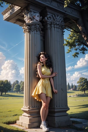 a woman in a ((yellow sleeveless dress)) stands in a lush green grass field. The woman is facing the left side of the frame, her right hand resting on her hip. She is facing to the left, her left hand is resting on a concrete pillar. The pillar is a light gray color, and the statue of the woman is positioned on top of it. His left arm is bent at the top of the pillar. In the background, a row of trees are visible, their shadows cast on the grass. The sky is visible in the top right corner of the image, 