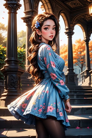 1girl, solo, long hair, looking at viewer, brown hair, hair ornament, long sleeves, dress, brown eyes, jewelry, standing, braid, flower, outdoors, parted lips, from side, lips, blue dress, floral print, sunlight, stairs, pillar, arch, looking at the border, sexy pose