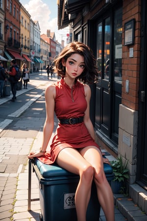 Captured at eye-level on a cloudy day, a woman in a ((red sleeveless dress)), sitting on a white stone bench, positioned in front of a blue door. The woman's left leg is crossed over the bench, and her right leg is resting on the bench. The bench is positioned on a cobblestone street, adding a touch of color to the scene. To the right of the woman, a blue trash can is placed on the sidewalk. The door is adorned with a blue design, and the woman's hair is styled in a bob. The sky is a pale blue, with a few wispy clouds.