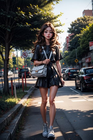 1girl, solo, long hair, brown hair, shirt, black hair, dress, holding, standing, full body, short sleeves, shoes, bag, tree, shadow, white footwear, plant, wide shot, photo background