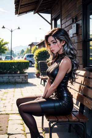 a medium-sized woman, dressed in a black sleeveless dress, adorned with a silver belt, is seated on a rustic wooden bench. The woman's left arm rests on the bench, adding a touch of balance to the scene. The bench casts a shadow on the ground beneath her, adding depth to the composition. The backdrop, a stone wall, a green door, and a white curtain, adds a pop of color to the otherwise monochromatic scene.